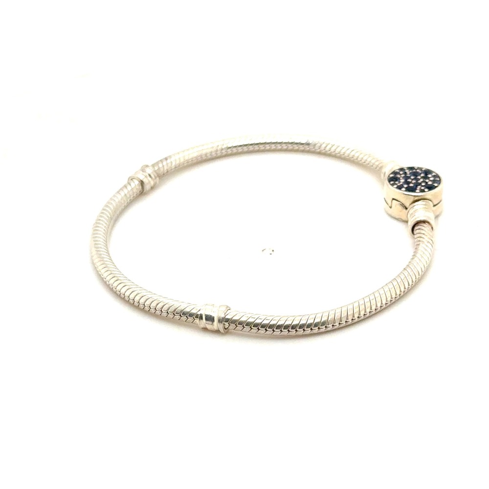 Pandora Moments Sterling Silver Snake Chain Bracelet Blue Pavé Clasp 6.75in - Picture 4 of 5
